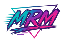 Create a logo for an automotive company specializind in vehicles from the 90's. have the logo be the letters "MRM" and in a rad brushed font using teals, purples and pink