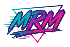 Create a logo for an automotive company specializind in vehicles from the 90's. have the logo be the letters "MRM" and in a rad brushed font using teals, purples and pink